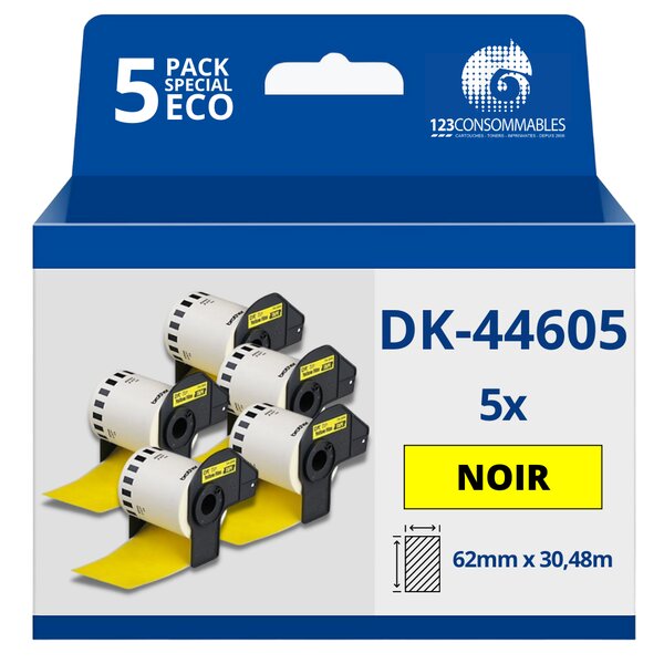 Pack de 5 Rouleaux Étiquettes amovibles compatible BROTHER DK-44605 - Largeur 62 mm x 30 48 m - Texte noir sur fond jaune