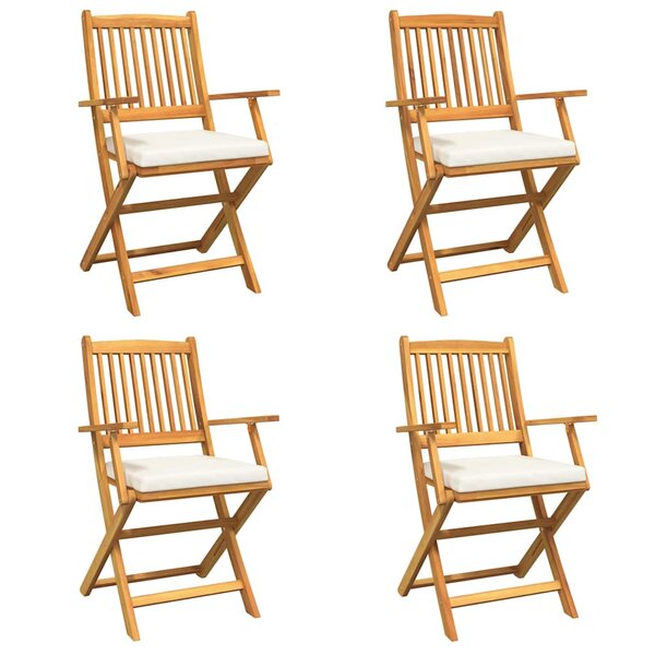 vidaXL Chaises de jardin pliantes avec coussins blancs  par 4  en bois d'acacia massif.