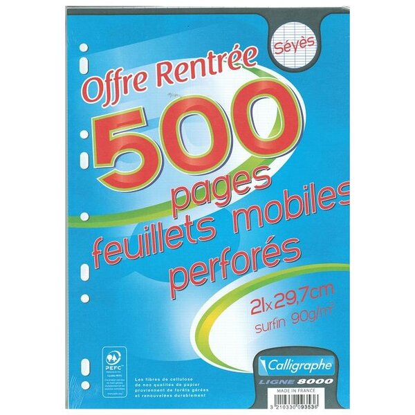Feuillets mobiles s/film 21x29 7 perforés 500p séyès 90g CALLIGRAPHE