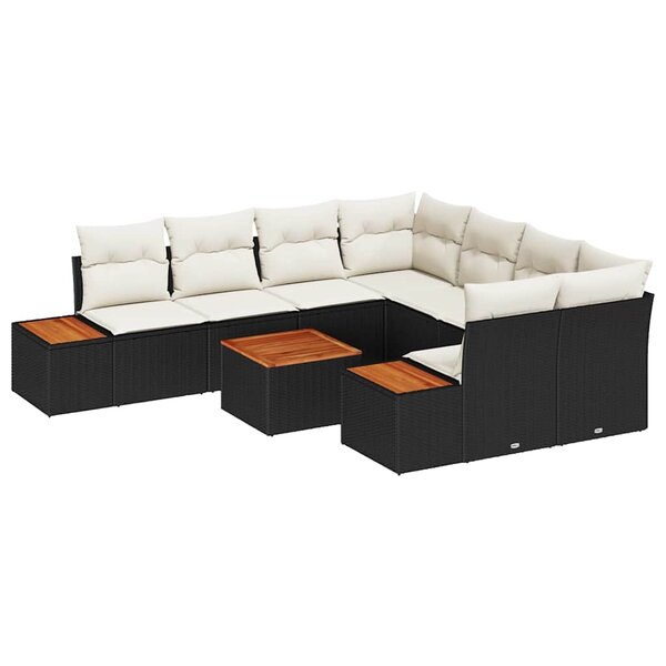 vidaXL Ensemble de canapé de jardin avec coussin 9 Pièces Noir Poly rotin