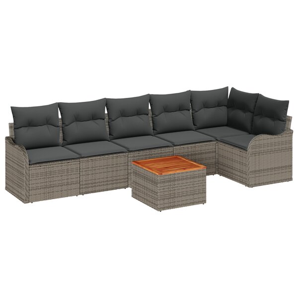 Ensemble de Canapé de Jardin 7 Pièces avec Coussins Gris Poly Rattan Acacia