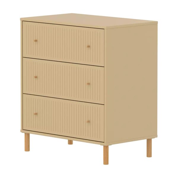 Flexa SAGA Commode 3 tiroirs a facades rainurees Beige sable Oat Pieds et boutons en chene