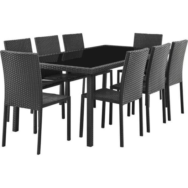 Ensemble repas de jardin - table en verre trempé et 8 chaises en résine tressée noir - Table 200 x 100 x73 cm - Chaise : 44 x 54 x 8