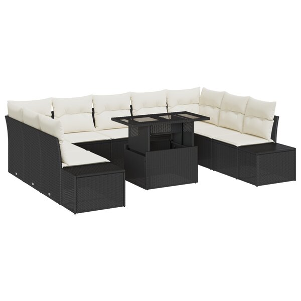 vidaXL Canapé de jardin 10 pièces avec coussins en polyrotin noir