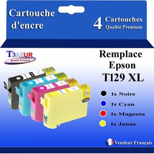 T3AZUR- 4x Cartouches Compatibles avec Epson T1291 T1292 T1293 T1294 remplace Epson Stylus SX235W SX525WD SX425W SX445W Stylus Office BX535WD WF3520 WF7515 WF7525