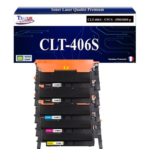 T3AZUR - 5x Toners compatibles avec Samsung CLT-406S pour Samsung CLP360 CLP365 CLP365W CLX3300 CLX3305 CLX3305FN CLX3305FW CLX3305W C410W C460FW C460W