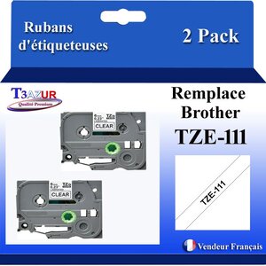 2x  Rubans d'étiqueteuses compatibles avec Brother Tze111  Tze-111 pour étiqueteuses P-touch - Texte noir sur fond transparent - Largeur 6 mm x 8 mètres - T3AZUR