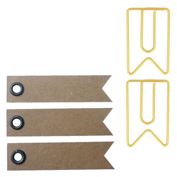 6 Trombones fanions dorés 2 x 3 3 cm + 20 étiquettes kraft Fanion