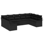 vidaXL Ensemble de canapé de jardin avec coussin 9 Pièces Noir Poly rotin