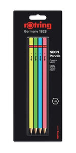 Rotring  set de 4 crayons en bois neon hb : vert  bleu  jaune et rose