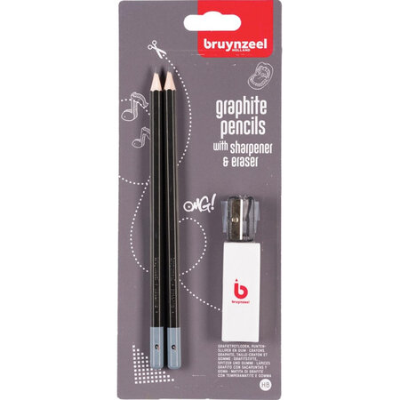 Lot de 2 crayons graphite hb + 1 gomme + 1 taille-crayons - bruynzeel