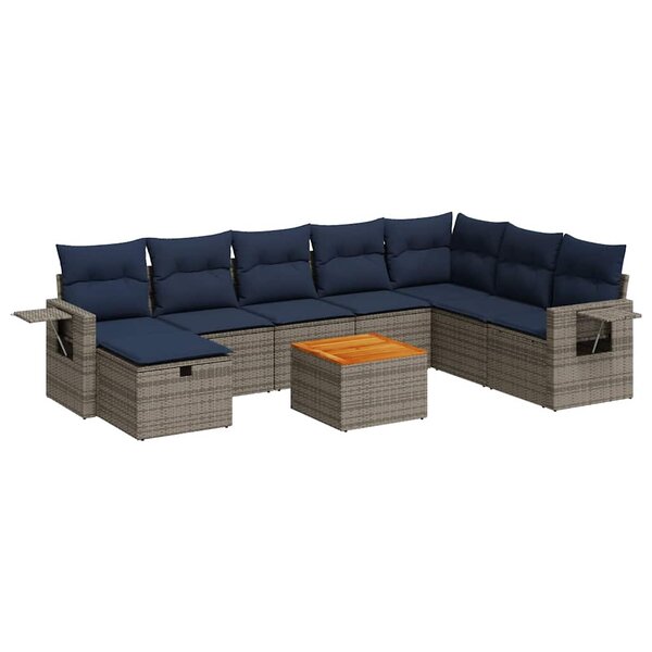 vidaXL Salon de jardin 9 Pièces avec coussins gris résine tressée