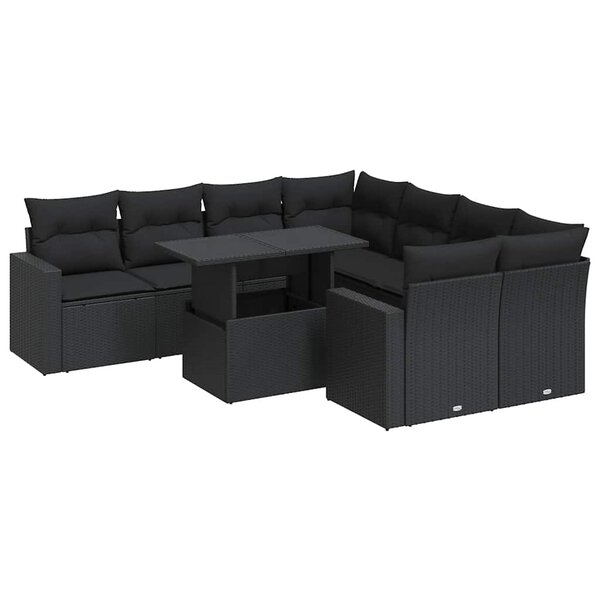 vidaXL Salon de jardin 9 Pièces avec coussins noir résine tressée