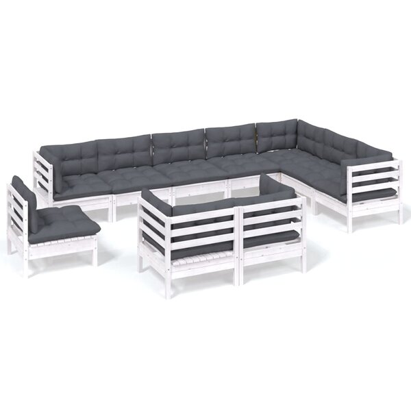 vidaXL Salon de jardin 10 Pièces avec coussins blanc bois de pin massif