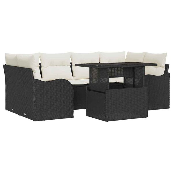 vidaXL Ensemble de canapé de jardin avec coussin 7 Pièces Noir Poly rotin