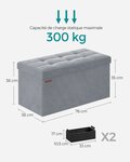 Banc de rangement pouf en velours avec couvercle avec 2 boîtes séparateur amovible capacité de charge 300 kg pour couloir salon chambre gris 12_0004158