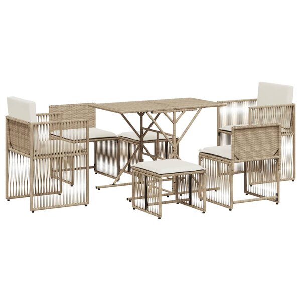 vidaXL Ensemble à manger de jardin et coussins 7 Pièces beige poly rotin