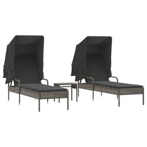 vidaXL Chaises longues lot de 2 avec auvents et table gris poly rotin