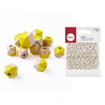 Perles en bois diamant jaune + Ficelle dorée & blanche 15 m