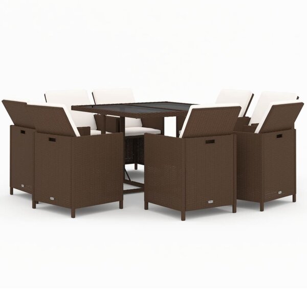 vidaXL Ensemble à manger de jardin et coussins 9 Pièces Poly rotin Marron