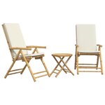 vidaXL Ensemble de bistro pliante 3 Pièces et coussins blanc crème bambou