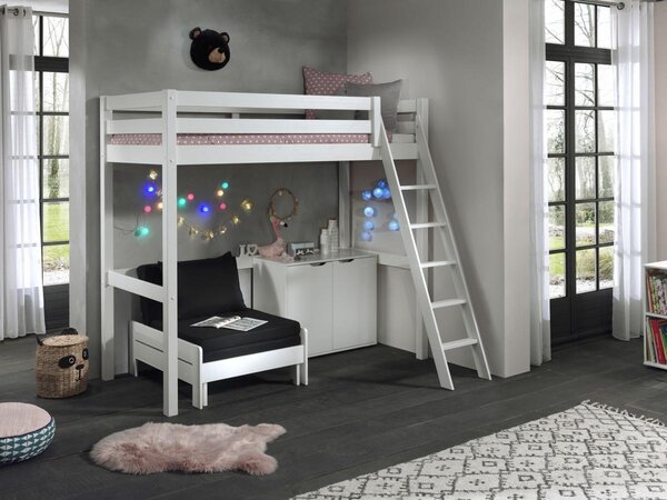 PINO Lit mezzanine 90x200 Blanc + Commode 2 portes + Lit convertible en fauteuil