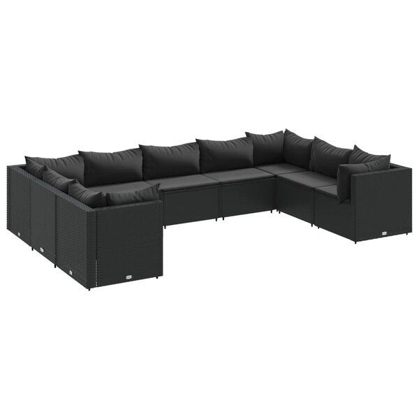 vidaXL Salon de jardin 9 Pièces avec coussins Noir Résine tressée