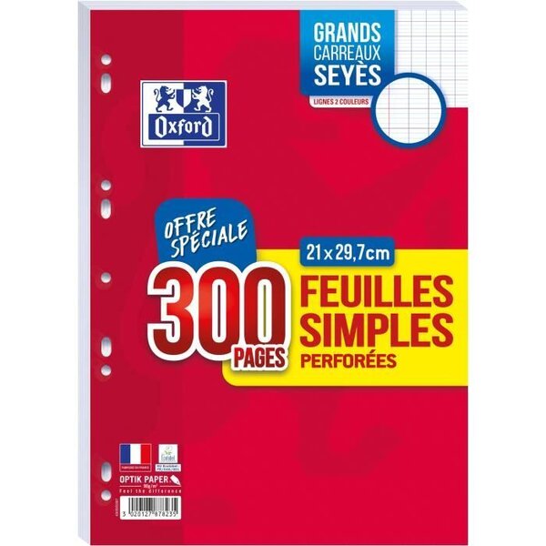 OXFORD - Feuilles simples perforées 300 pages seyes - 90g