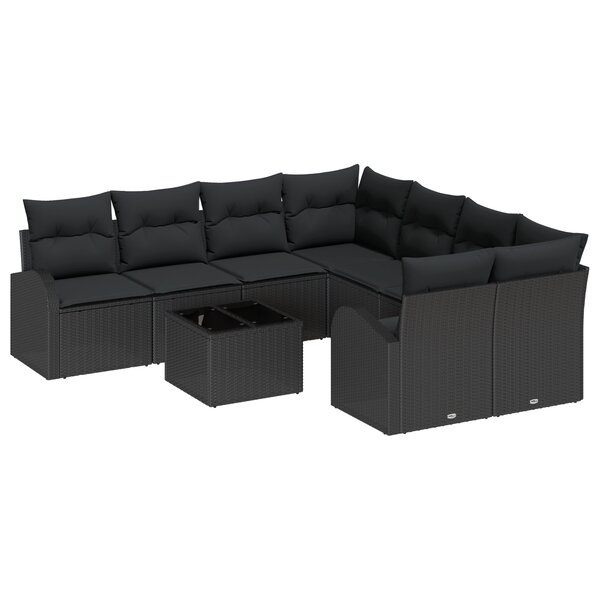 vidaXL Set de Canapé de Jardin de 9 Pièces avec Coussins Noir en Poly Rattan