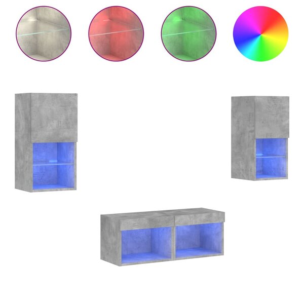 vidaXL Meuble TV muraux 4 Pièces avec lumières LED gris béton