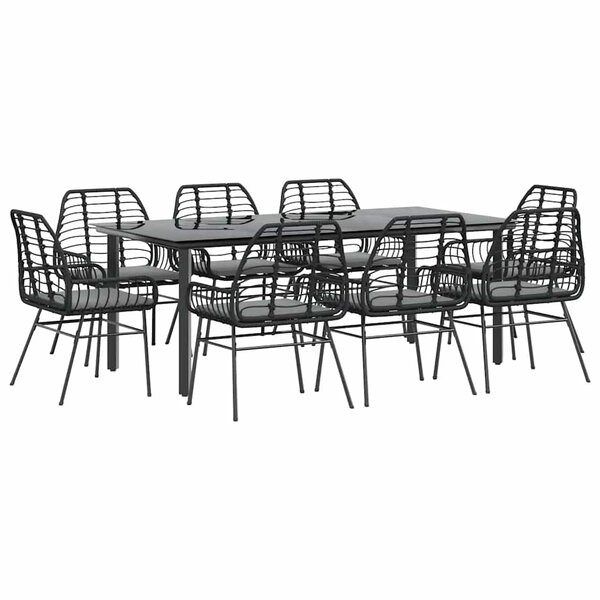 vidaXL Ensemble à manger de jardin coussins 9Pièces noir poly rotin verre