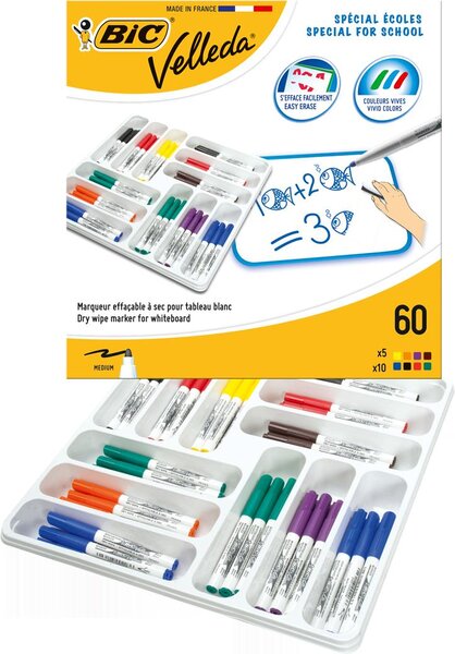 Class pack 60 Feutres tableau blanc effaçable 1741 Pointe Medium Couleurs Assorties VELLEDA