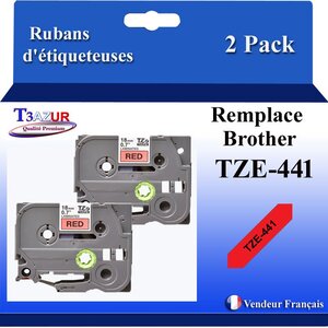 2x Rubans d'étiqueteuses compatibles avec Brother Tze441  Tze-441 pour étiqueteuses P-touch - Texte noir sur fond rouge - T3AZUR