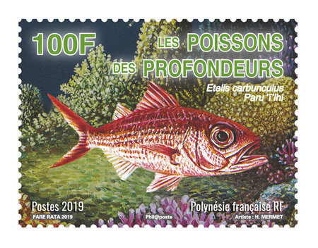Timbre Polynésie Française - Les poissons des profondeurs - Etelis carbunculus - Paru 'T'ihi