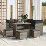 Ensemble de Canapé de Jardin de 9 Pièces Avec Coussins Gris Poly Rattan Acacia