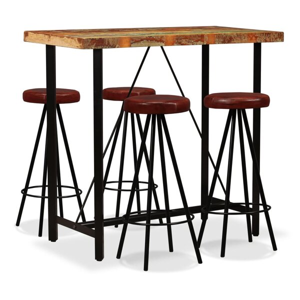 vidaXL Ensemble de bar 5 Pièces Bois massif recyclé et cuir véritable