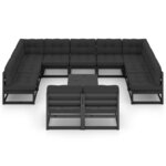 vidaXL Salon de jardin 12 Pièces avec coussins Noir Bois de pin massif