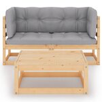Salon de jardin meuble d'extérieur ensemble de mobilier 3 pièces avec coussins bois de pin massif 02_0015935