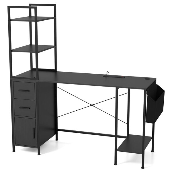 Bureau moderne 145 x 50 x 147 5 cm avec éclairage led personnalisable et station de charge ambiance cosy en bois d'ingénierie noir 20_0010839