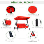Balancelle de jardin 3 places toit inclinaison réglable coussins assise et dossier 1 72L x 1 1l x 1 52H m acier noir polyester rouge