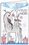Carte joyeux noël licorne flocons neige lapin argenté brillant avec enveloppe