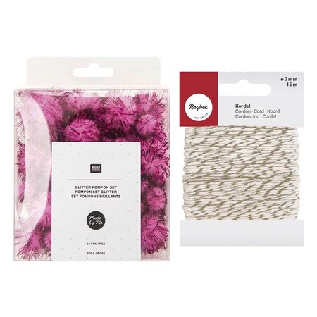 60 pompons brillants roses + Ficelle dorée & blanche 15 m