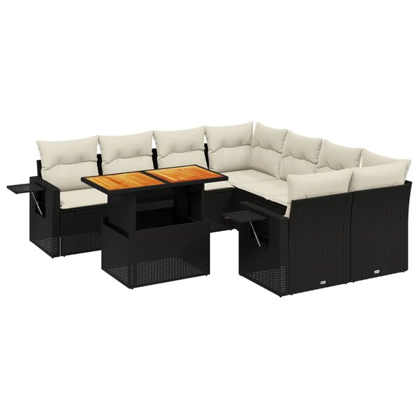 vidaXL Salon de jardin 9 Pièces avec coussins noir résine tressée
