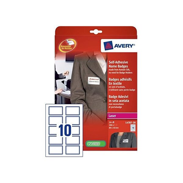 Boite de 200 badges adhésifs 50 x 80 mm Tissu Blanc Liseré bleu AVERY