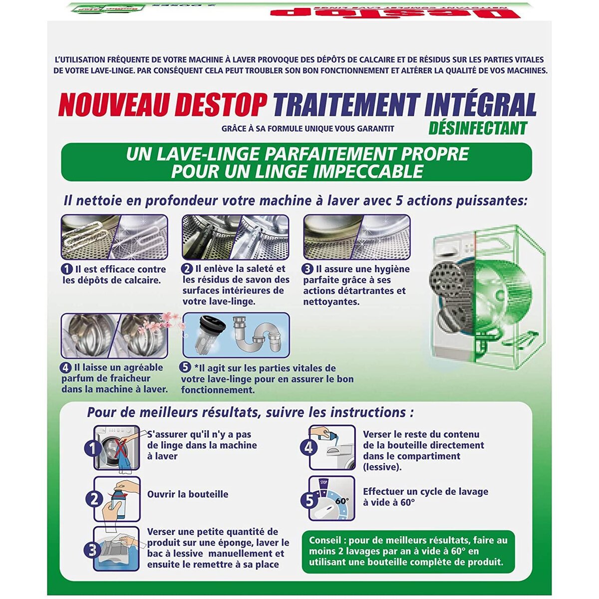 Destop Nettoyant Complet Lave Linge Désinfectant- Lot de 2 (4x250ml ) :  : Gros électroménager