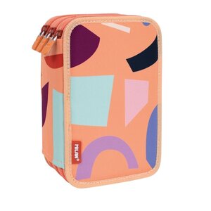 Trousse à crayons Milan Fun Animals à 3 niveaux avec gomme  taille-crayon  crayon  3 stylos à bille  règle  12 crayons de couleur  6 crayons fluorescents  5 crayons fluorescents  ciseaux et 18 marqueurs - Orange/Beige