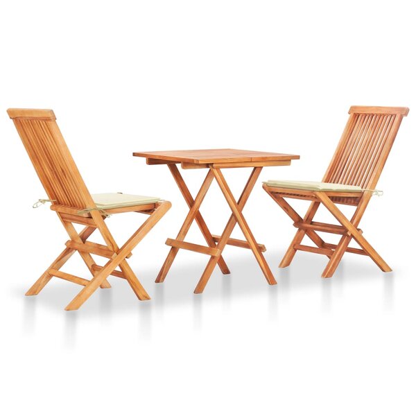 vidaXL Ensemble de bistro 3Pièces avec coussins crème Bois de teck massif