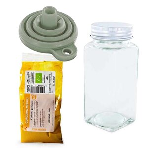Flacon à épices poudreur + entonnoir + curcuma moulu 40 g