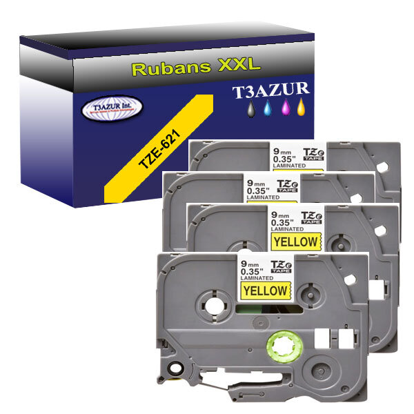 4 x Rubans pour étiquettes laminées générique Brother Tze-621 pour étiqueteuses P-touch - Texte noir sur fond jaune - T3AZUR