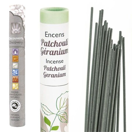 Encens Patchouli-Geranium 30 bâtonnets + encens ayurvédique 14 bâtonnets